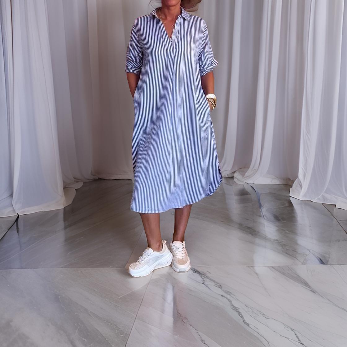 Alina™ | Rochie cămașă cu dungi și nasturi