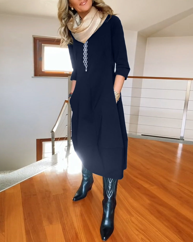 Nele – Rochie de Damă Midi Elegantă cu Mâneci 3/4 și Buzunare