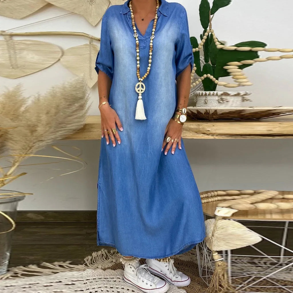 Lea | Rochie lungă din denim cu fante laterale