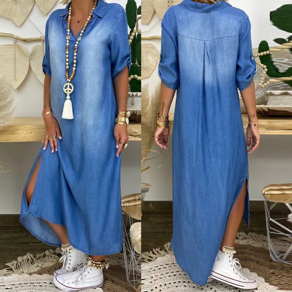 Lea | Rochie lungă din denim cu fante laterale