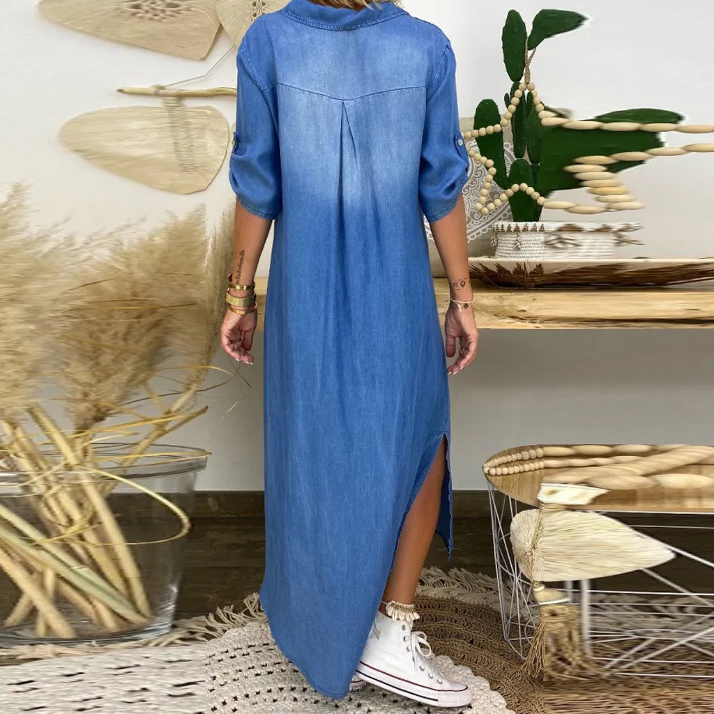 Lea | Rochie lungă din denim cu fante laterale