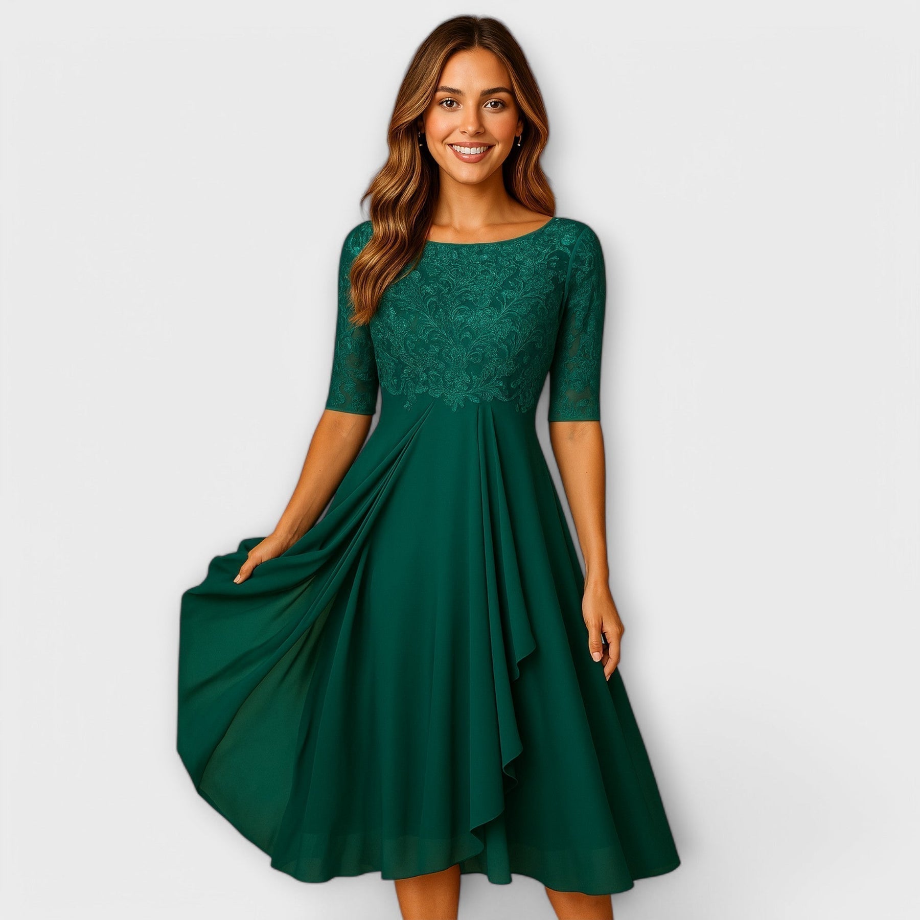 Martha | Rochie Midi cu Mâneci din Dantelă
