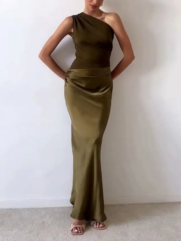 Anita – Rochie de Damă Maxi Elegantă cu Umăr Unic Plisată