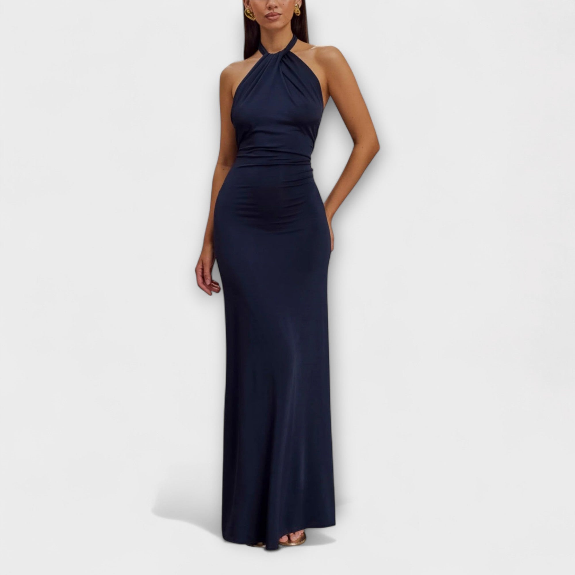 ELYNA – Rochie Maxi Damă cu Guler Halter și Plisaj