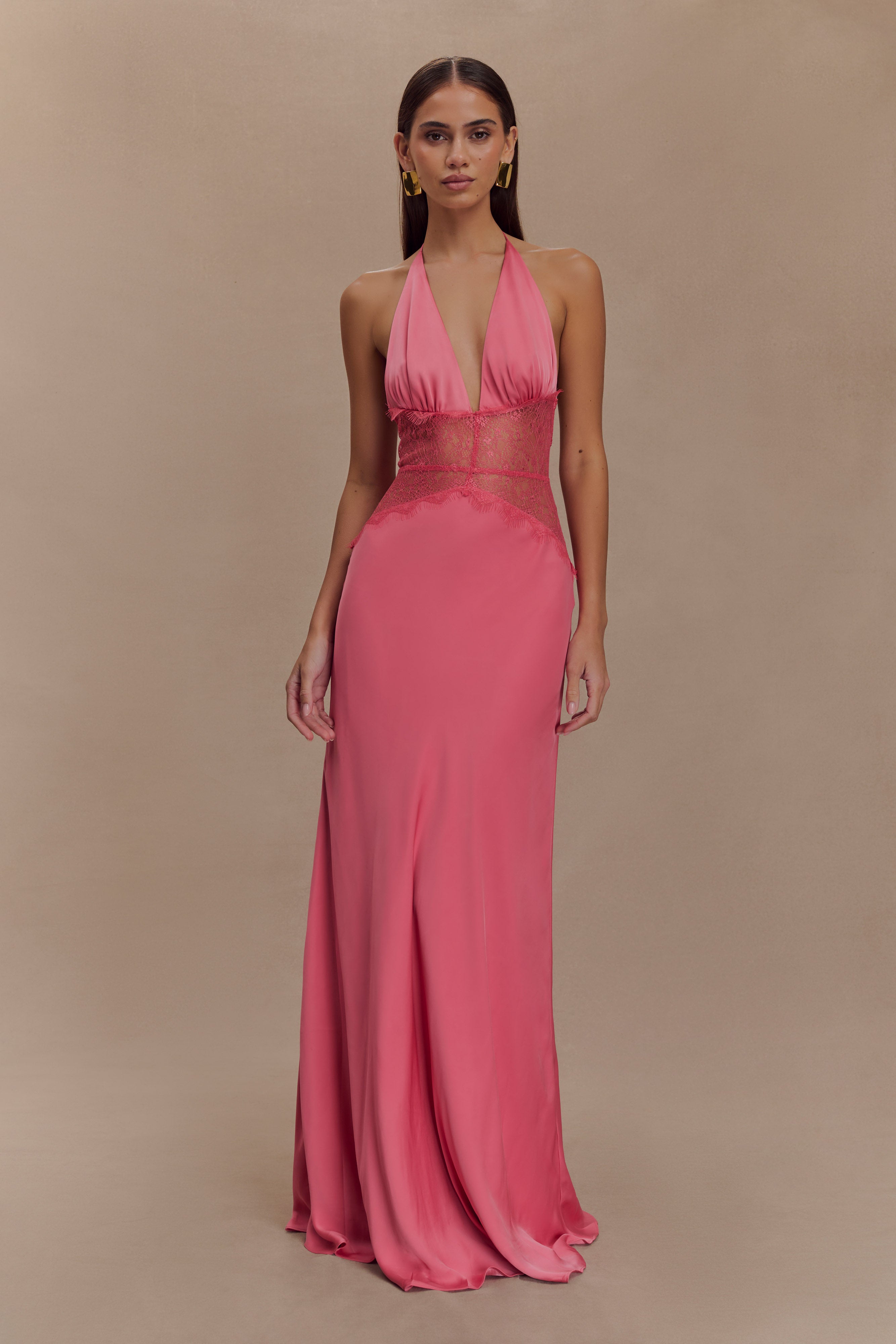Kalira – Rochie Maxi Damă Elegantă din Satin cu Dantelă Roz