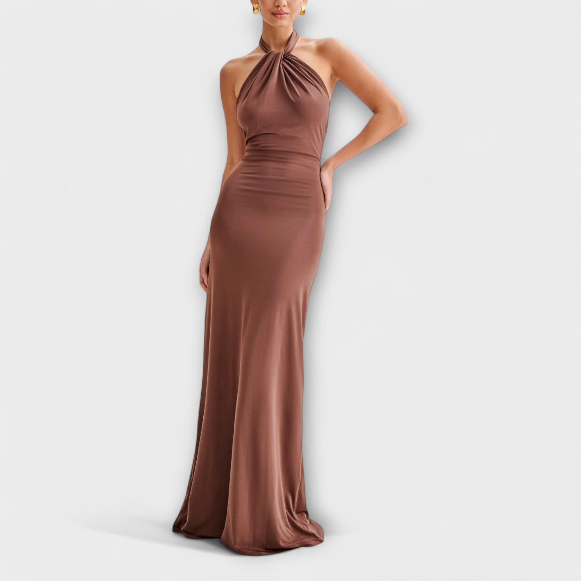 ELYNA – Rochie Maxi Damă cu Guler Halter și Plisaj