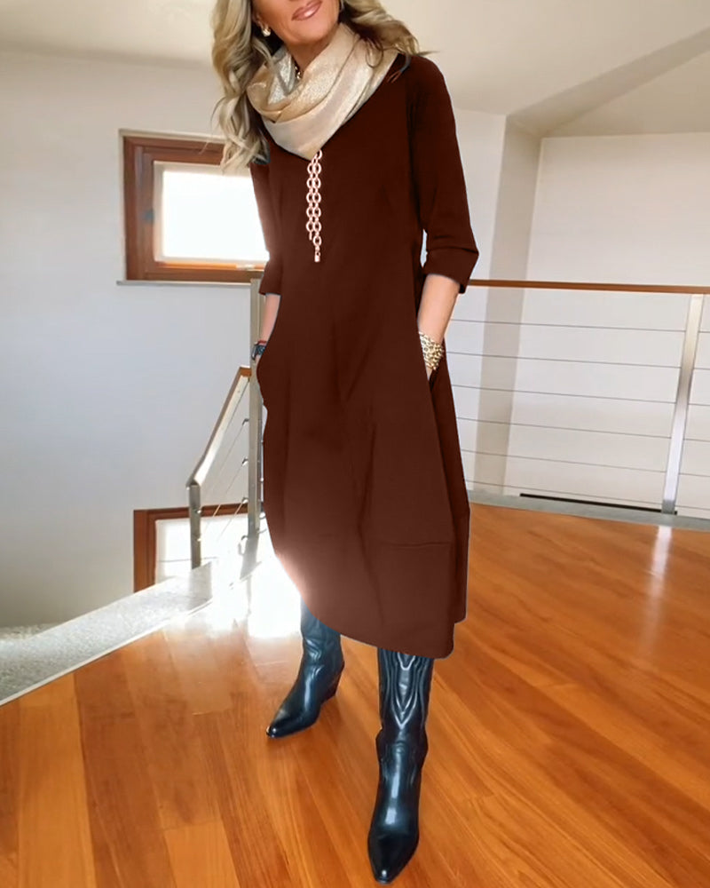 Nele – Rochie de Damă Midi Elegantă cu Mâneci 3/4 și Buzunare