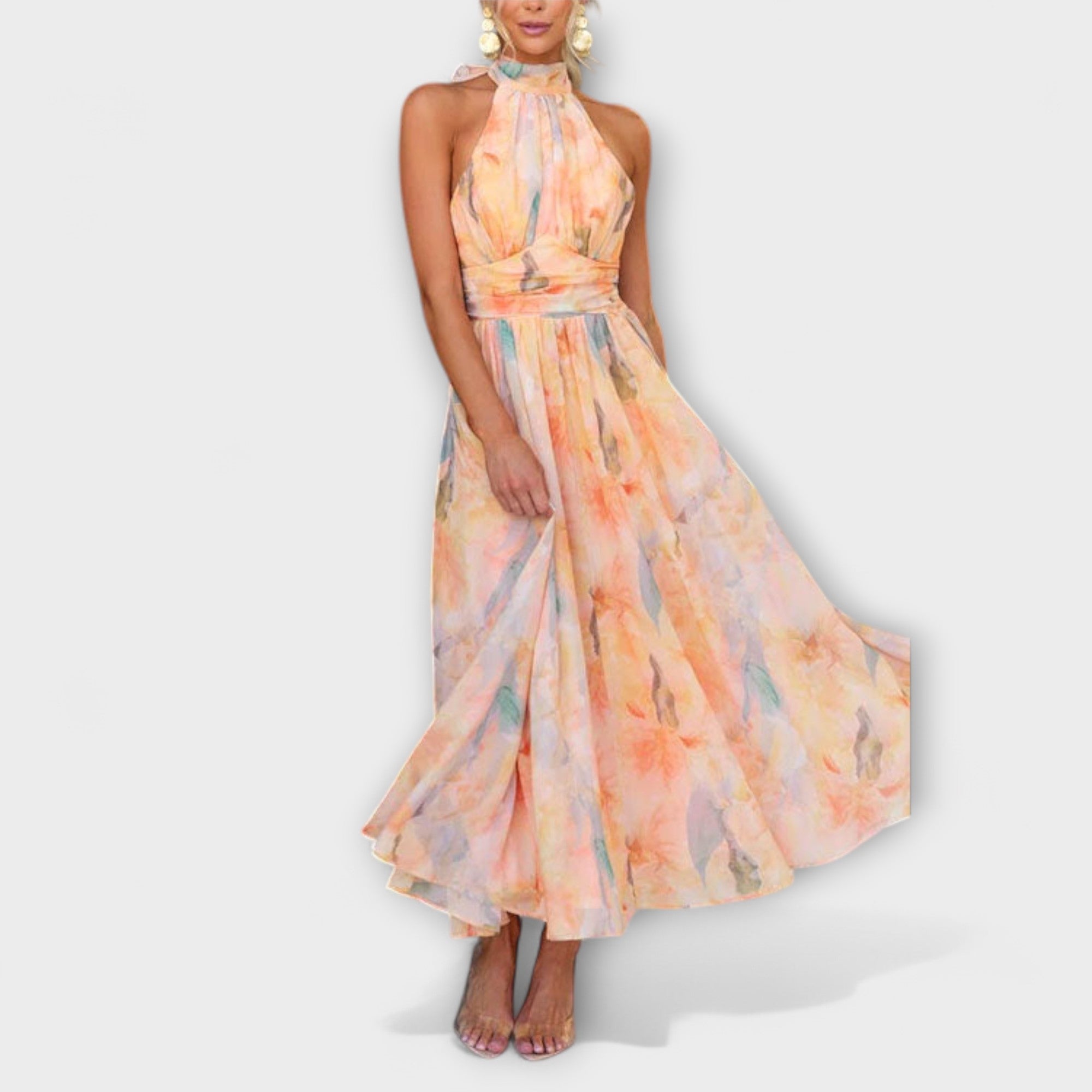 Rochie Maxi cu Decolteu Halter și Imprimare Aquarel