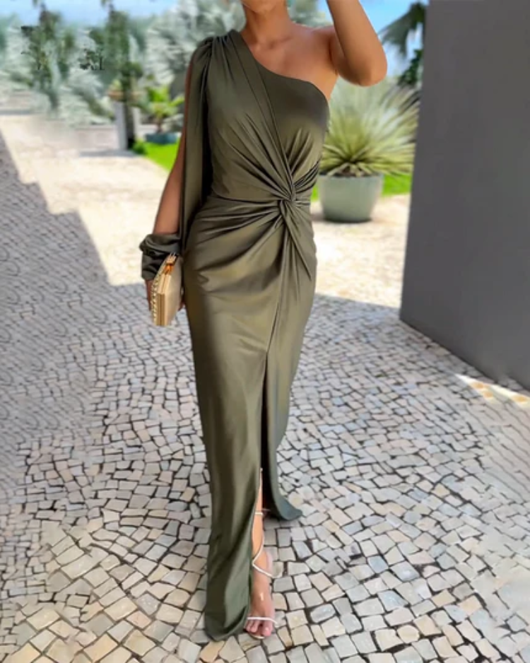 Clarisse – Rochie de Damă Drapată pe Un Umăr Elegantă Oliv