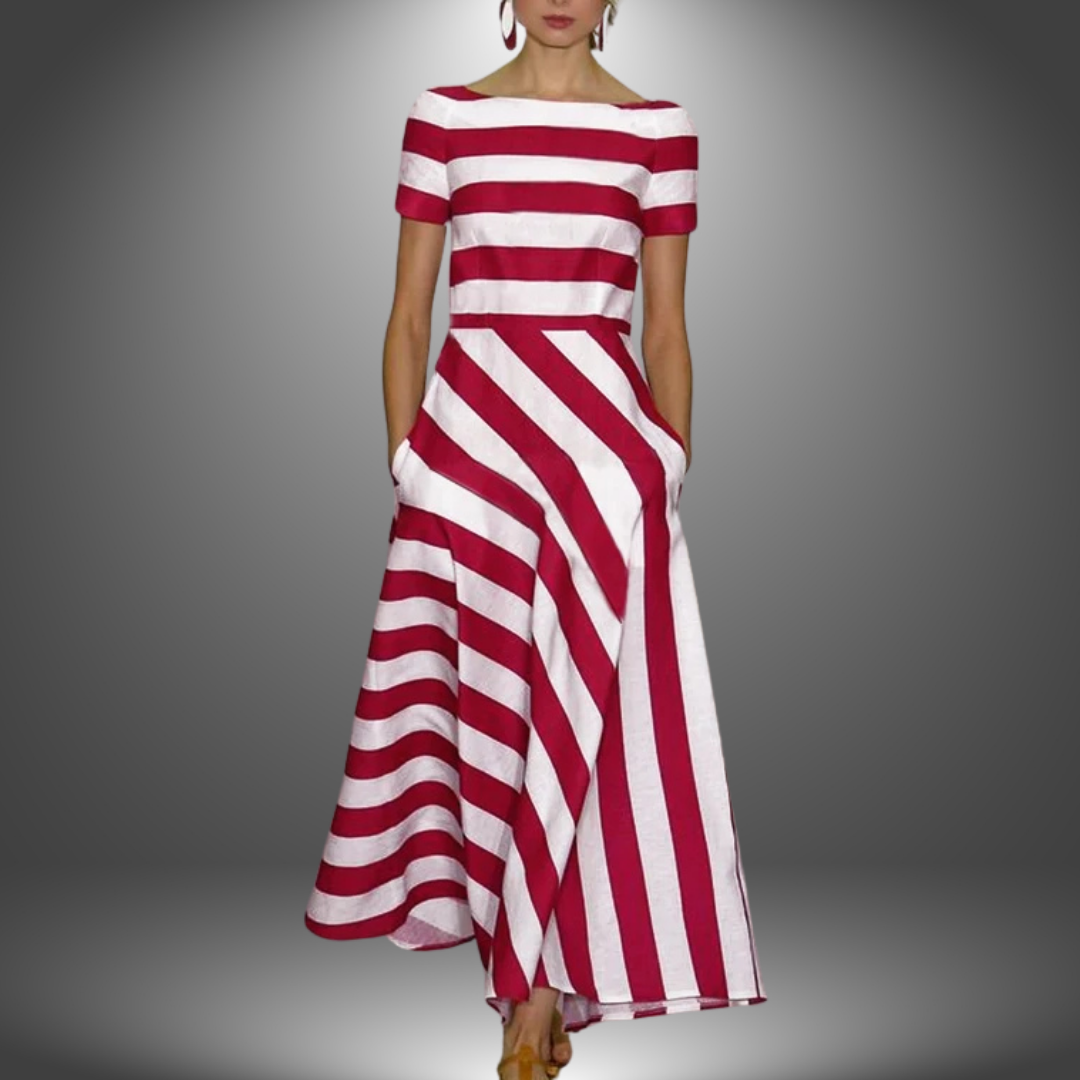 Natalia – Rochie de Damă Lungă din Dantelă, Realizată Manual cu Dungi
