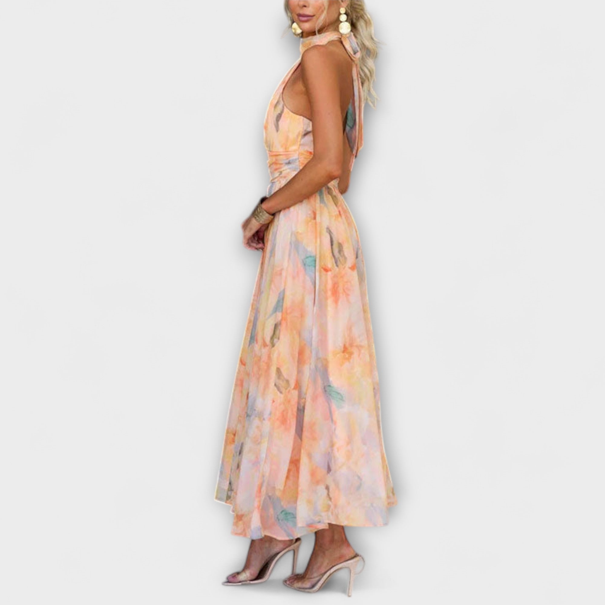 Rochie Maxi cu Decolteu Halter și Imprimare Aquarel