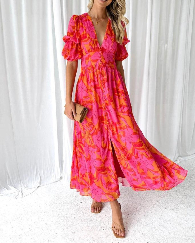 Barbara – Rochie Maxi Damă Roșie și Roz Elegantă Feminină
