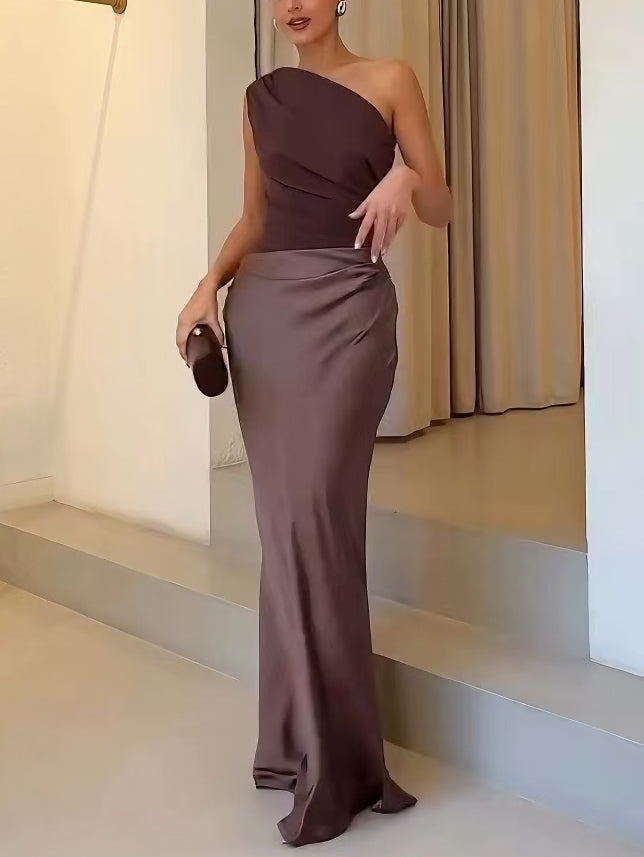 Anita – Rochie de Damă Maxi Elegantă cu Umăr Unic Plisată