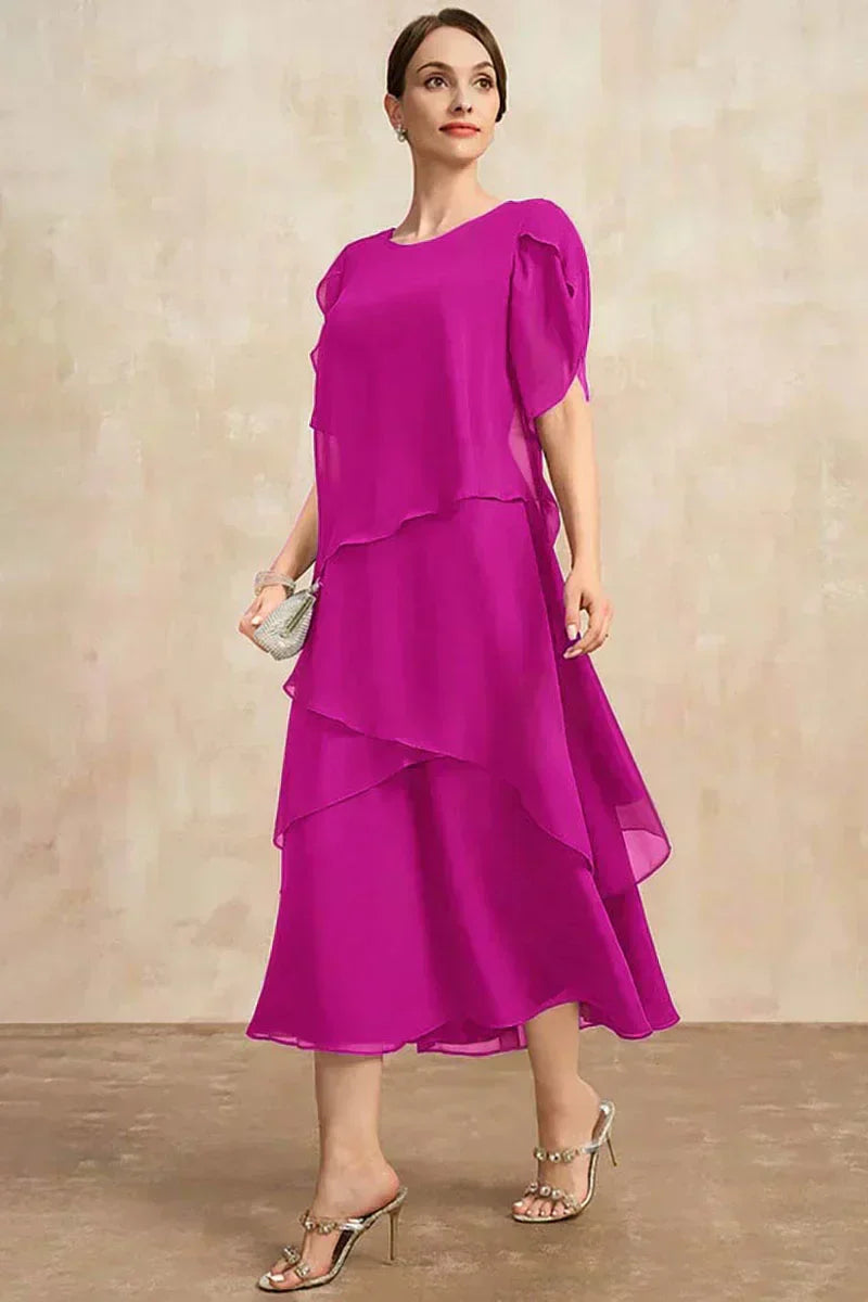 Belle - Rochie lungă cu mânecă scurtă, fluidă și stratificată, neregulată