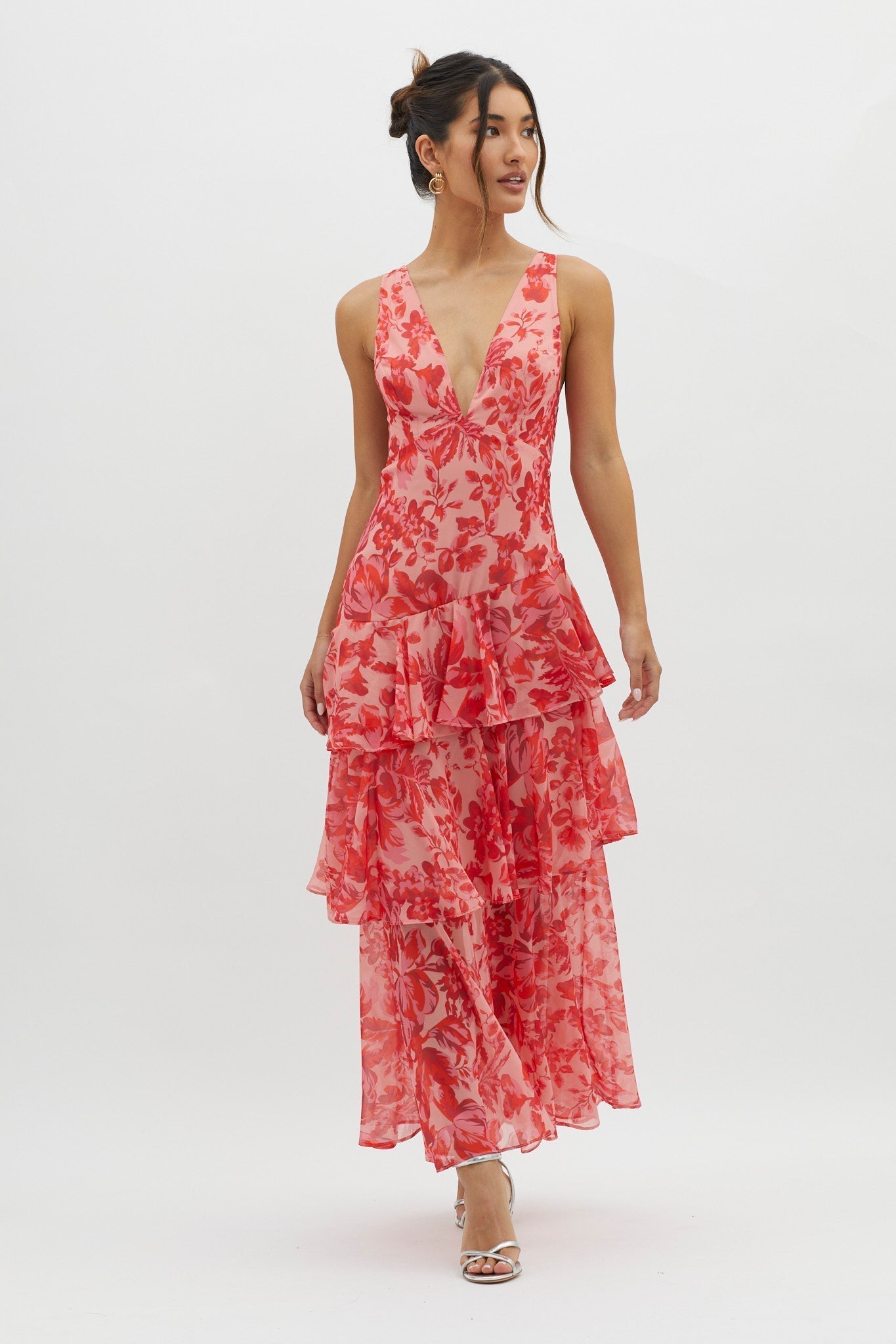 Faye – Rochie Midi de Damă Elegantă cu Volane și Spate Deschis