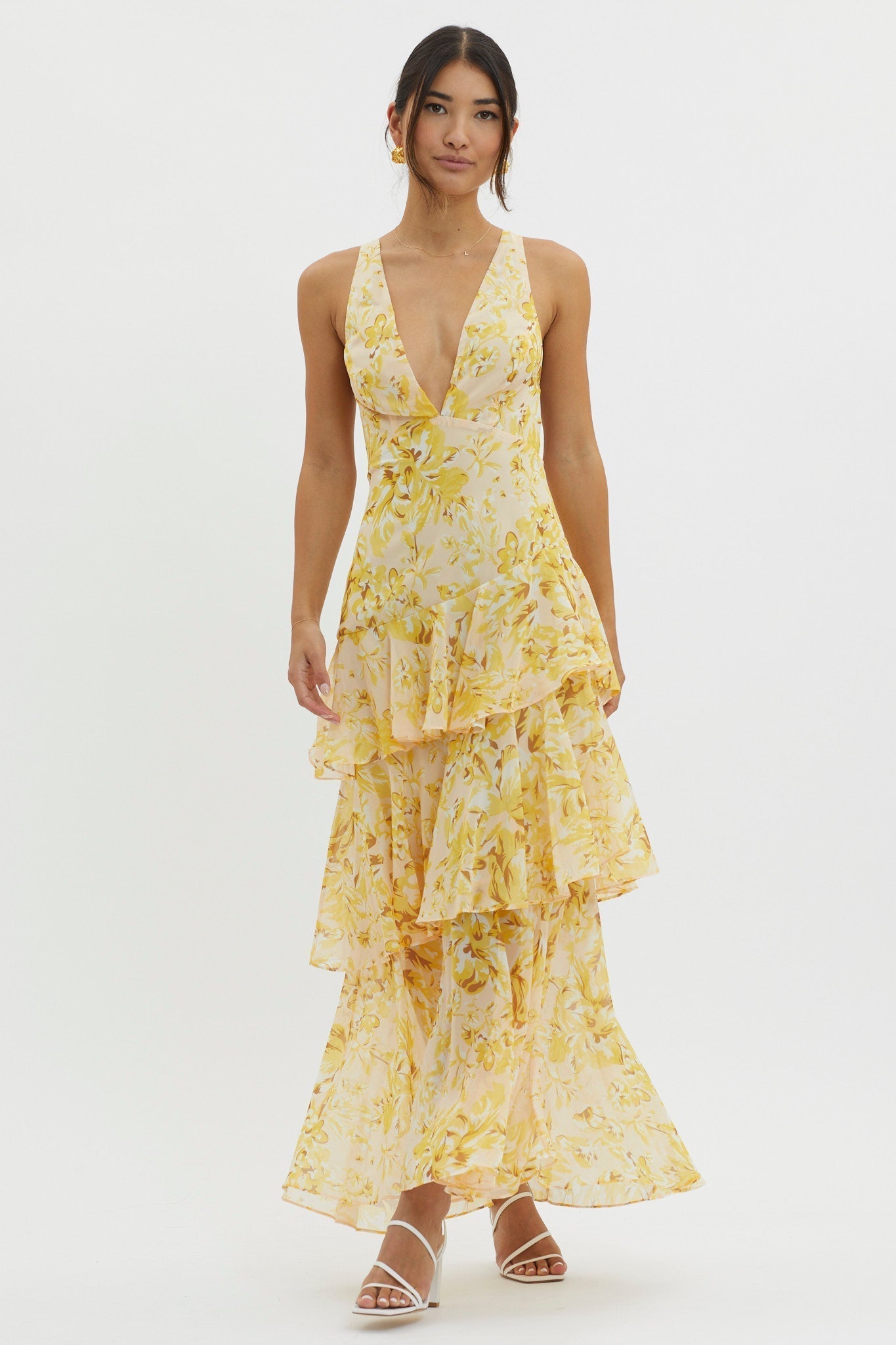 Faye – Rochie Midi de Damă Elegantă cu Volane și Spate Deschis