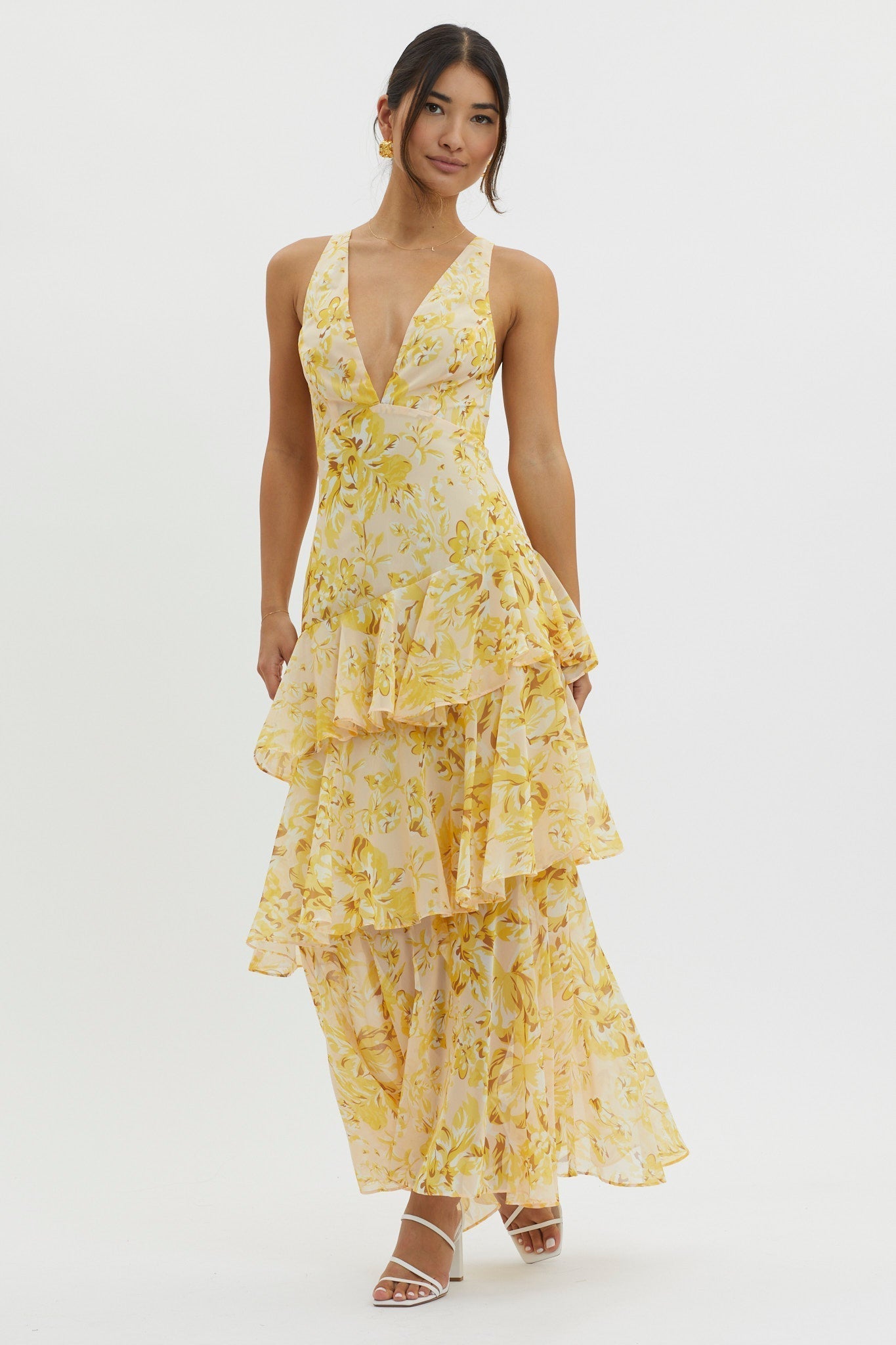 Faye – Rochie Midi de Damă Elegantă cu Volane și Spate Deschis
