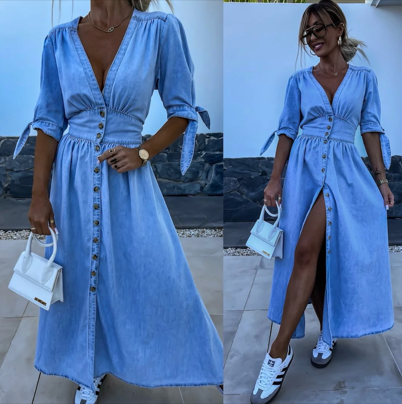 Luise – Rochie de Damă Denim Elegantă cu Detalii Strălucitoare