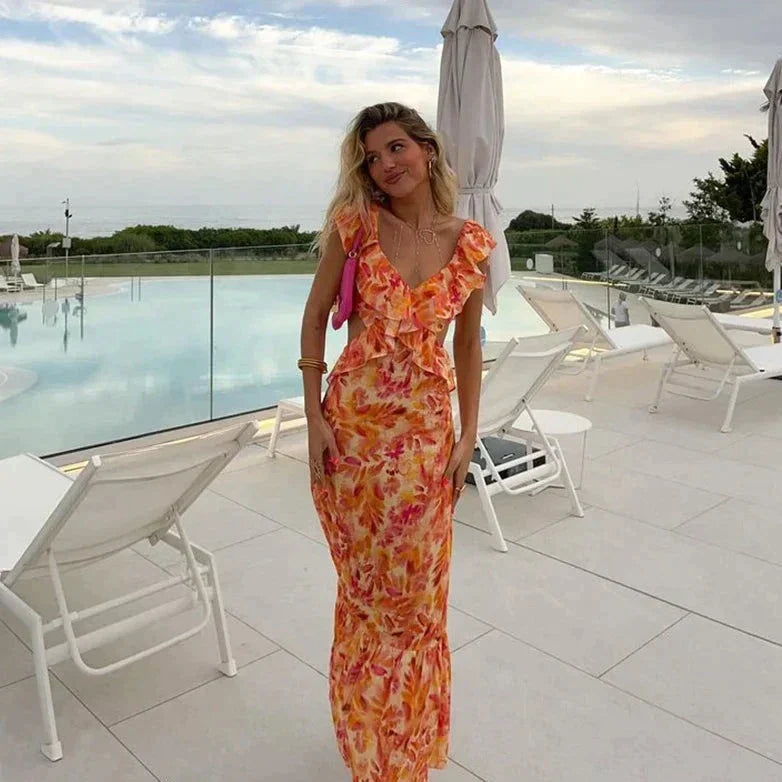 Lila – Rochie Maxi de Damă cu Volane și Imprimare Florală