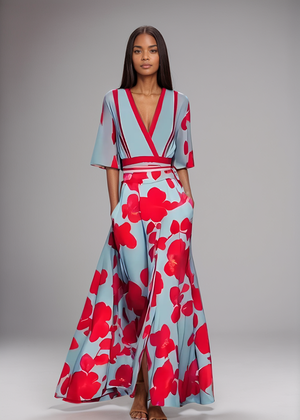 Elise – Rochie Maxi Florală Elegantă cu Decolteu în V și Mâneci Vaporoase