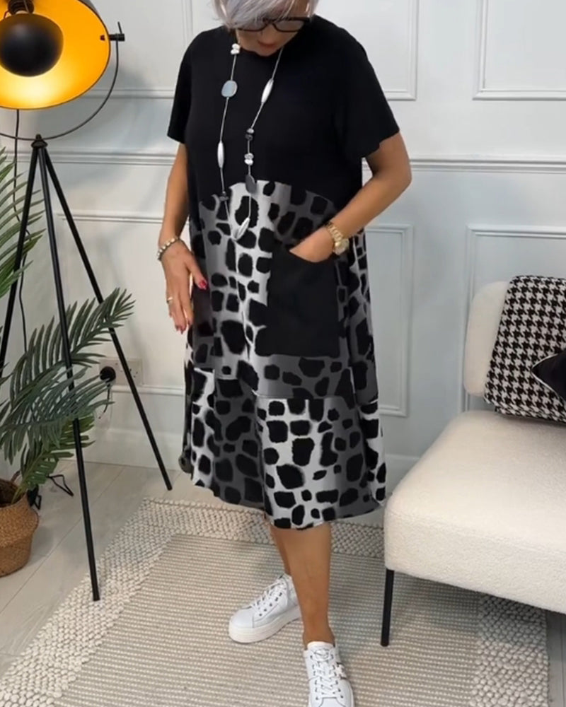 Allison - Rochie Midi cu Mâneci Scurte și Imprimare Leopard