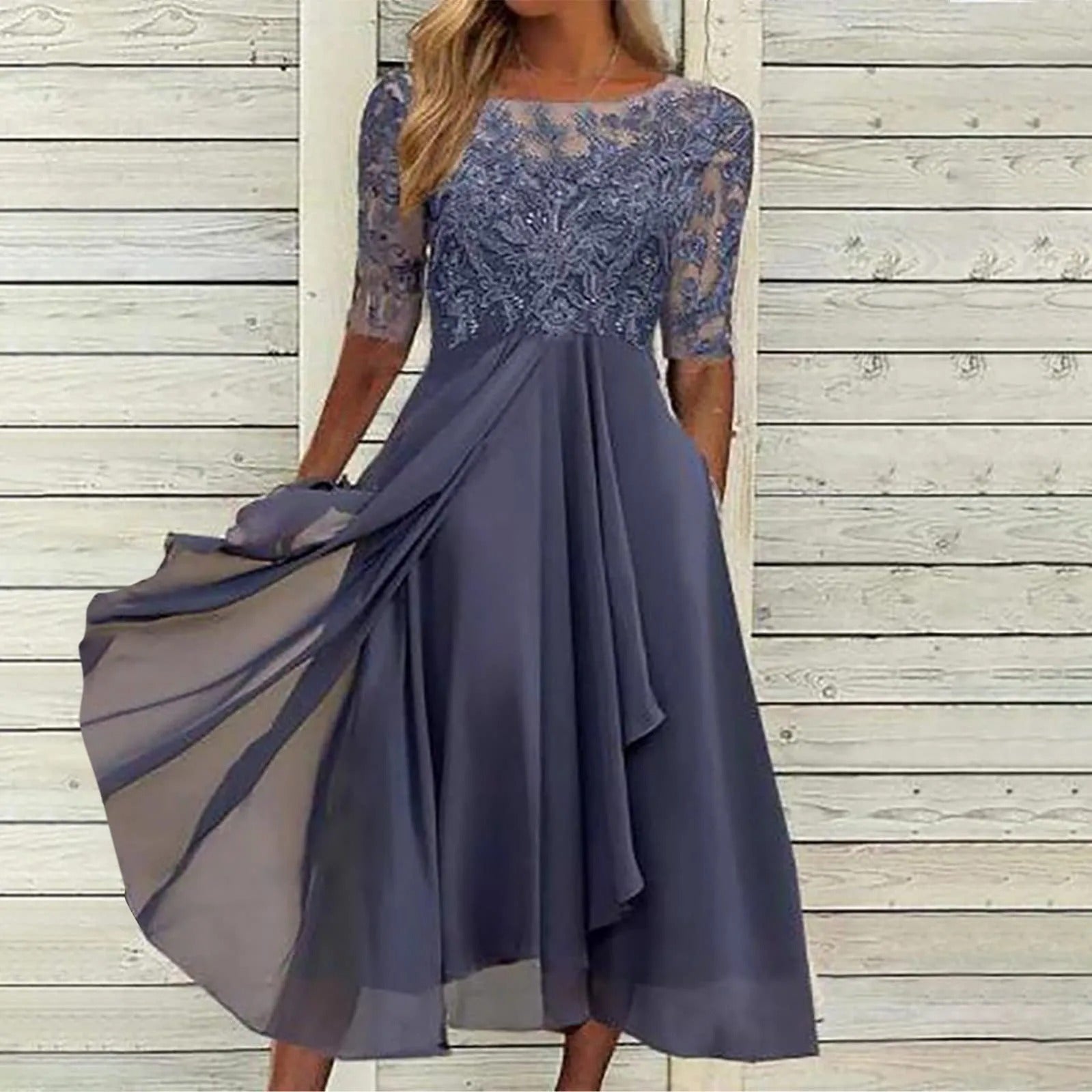Leni – Rochie de Damă Elegantă din Chiffon cu Top Brodat