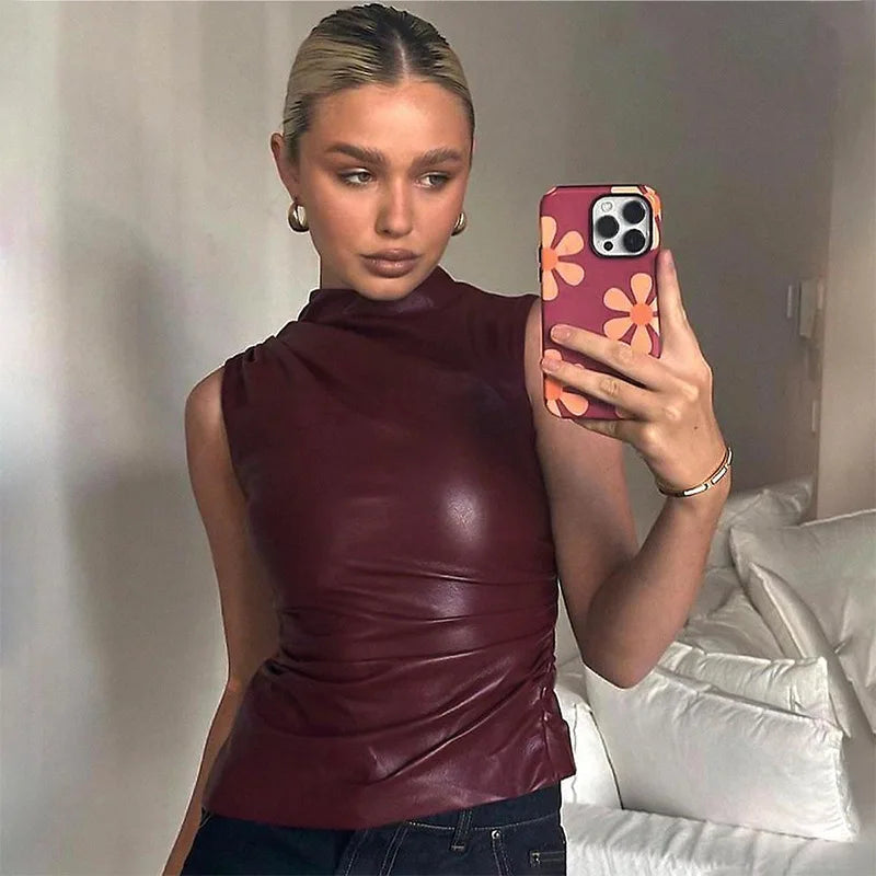 Evelyn - Top din Piele în Celebrul Burgundy și Negru
