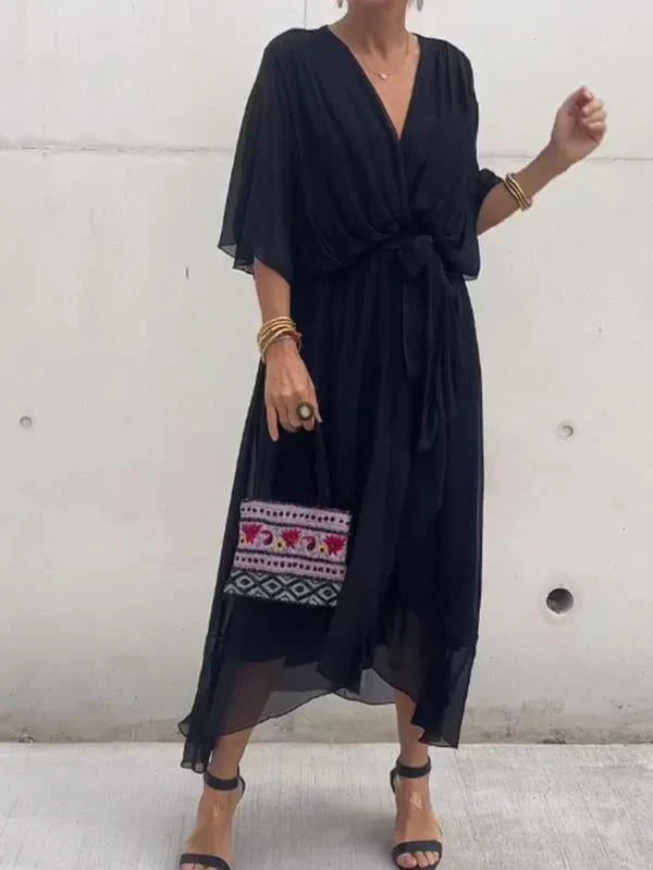 Aurora – Rochie Midi Damă din Chiffon, Stil Înfașurat, Vară