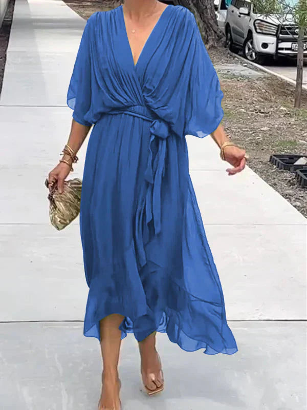 Aurora – Rochie Midi Damă din Chiffon, Stil Înfașurat, Vară