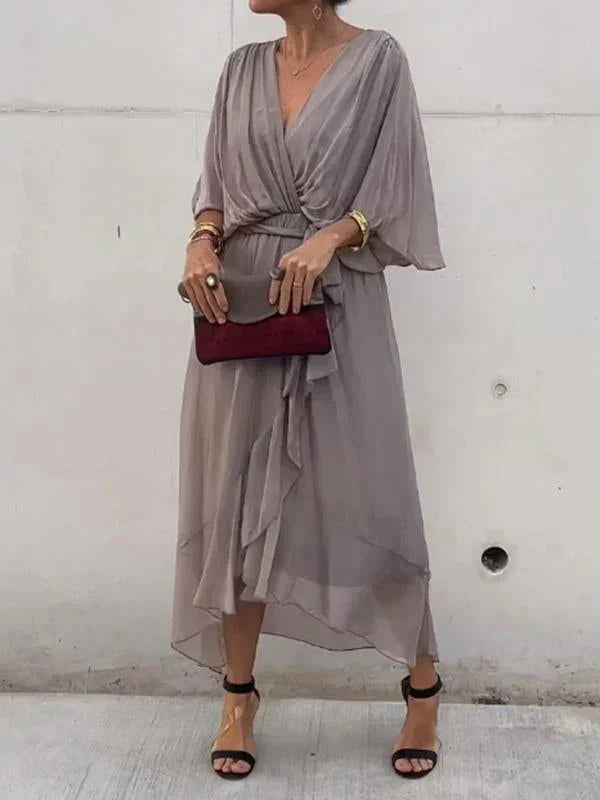 Aurora – Rochie Midi Damă din Chiffon, Stil Înfașurat, Vară
