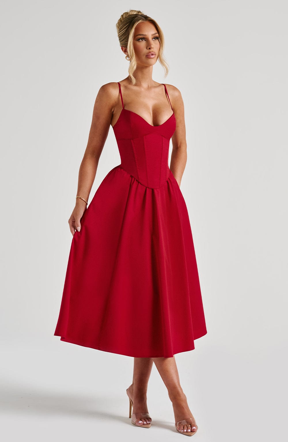 Grace – Rochie Midi Corset Elegantă Roz Blush