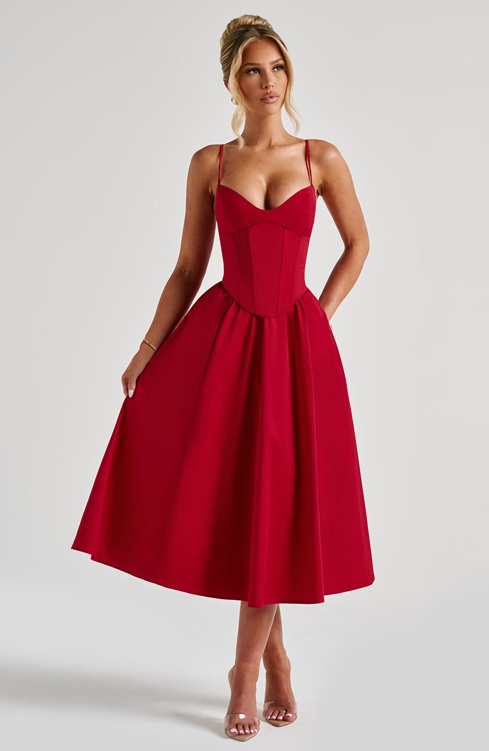 Grace – Rochie Midi Corset Elegantă Roz Blush