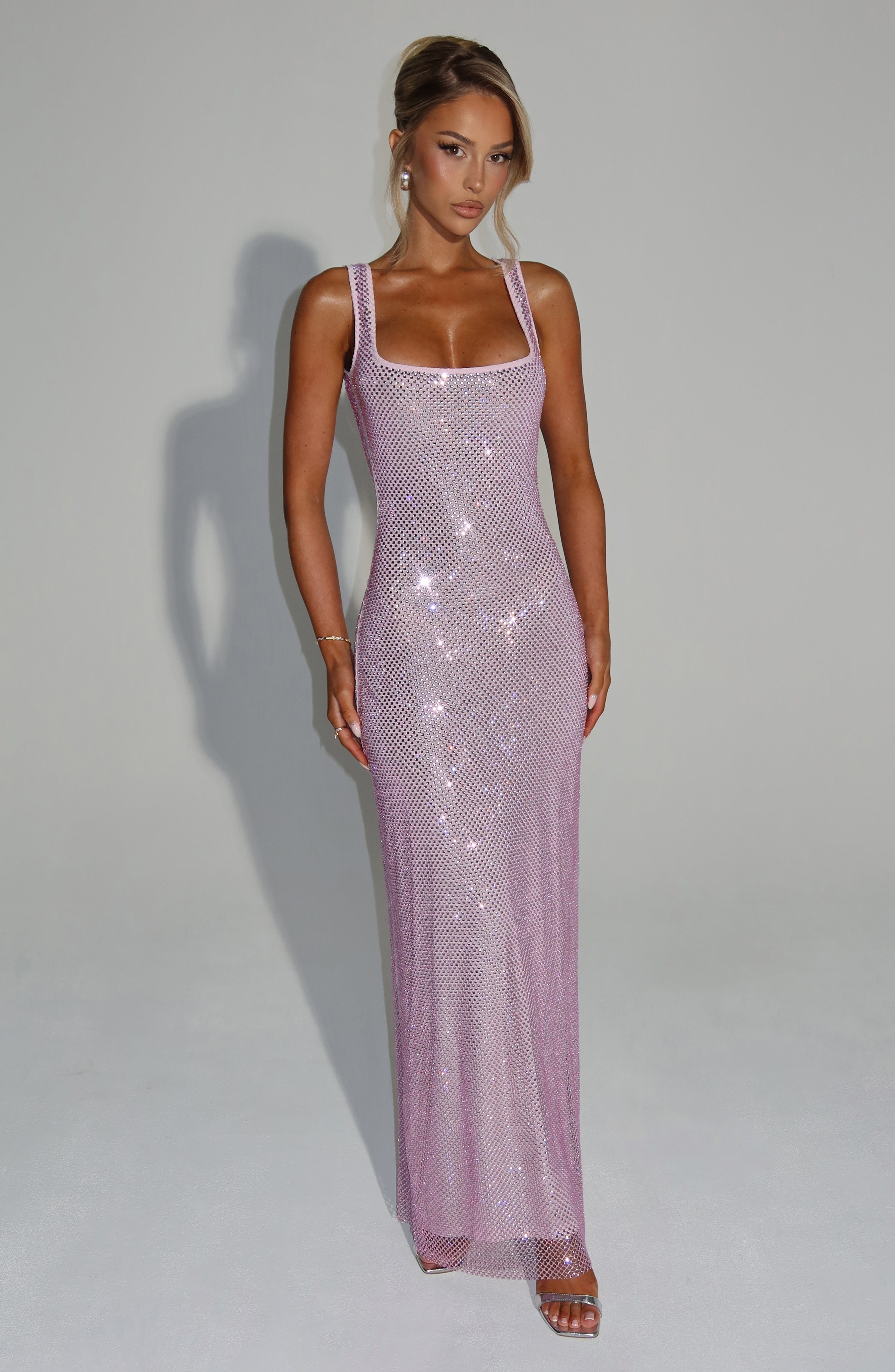 Sariel – Rochie Maxi Strălucitoare Bodycon cu Decolteu Pătrat