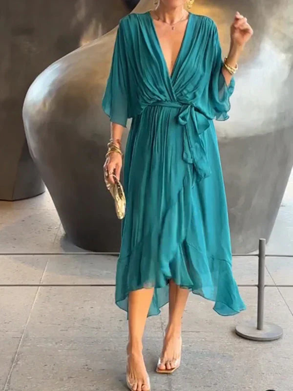 Aurora – Rochie Midi Damă din Chiffon, Stil Înfașurat, Vară