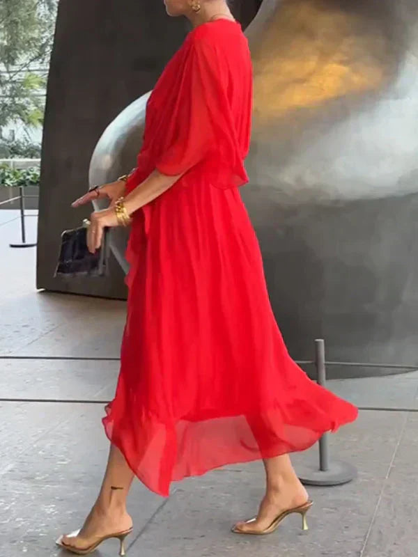 Aurora – Rochie Midi Damă din Chiffon, Stil Înfașurat, Vară