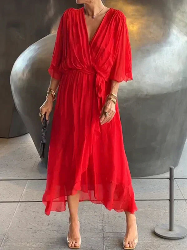 Aurora – Rochie Midi Damă din Chiffon, Stil Înfașurat, Vară