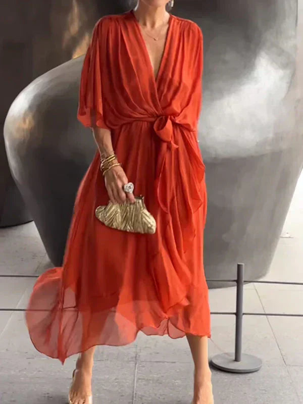 Aurora – Rochie Midi Damă din Chiffon, Stil Înfașurat, Vară