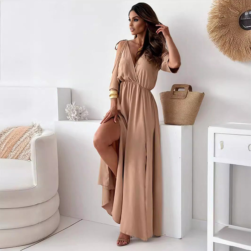 Valentina – Rochie maxi fără umeri, decolteu în V, talie elastică