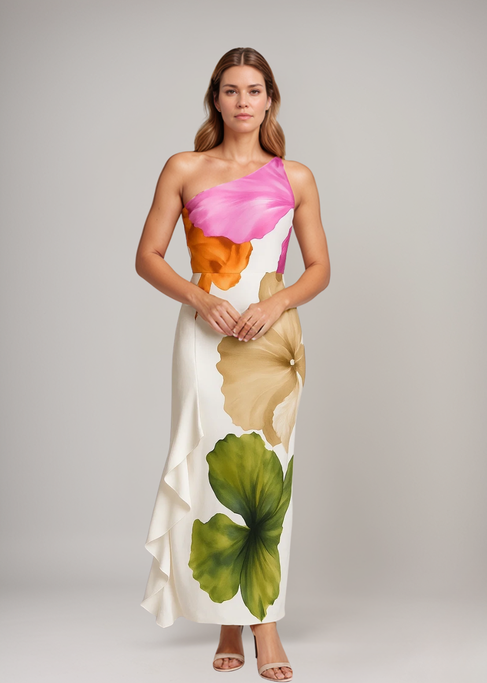 Jorgina – Rochie de Damă Maxi Asimetrică cu Volane și Imprimeu Floral