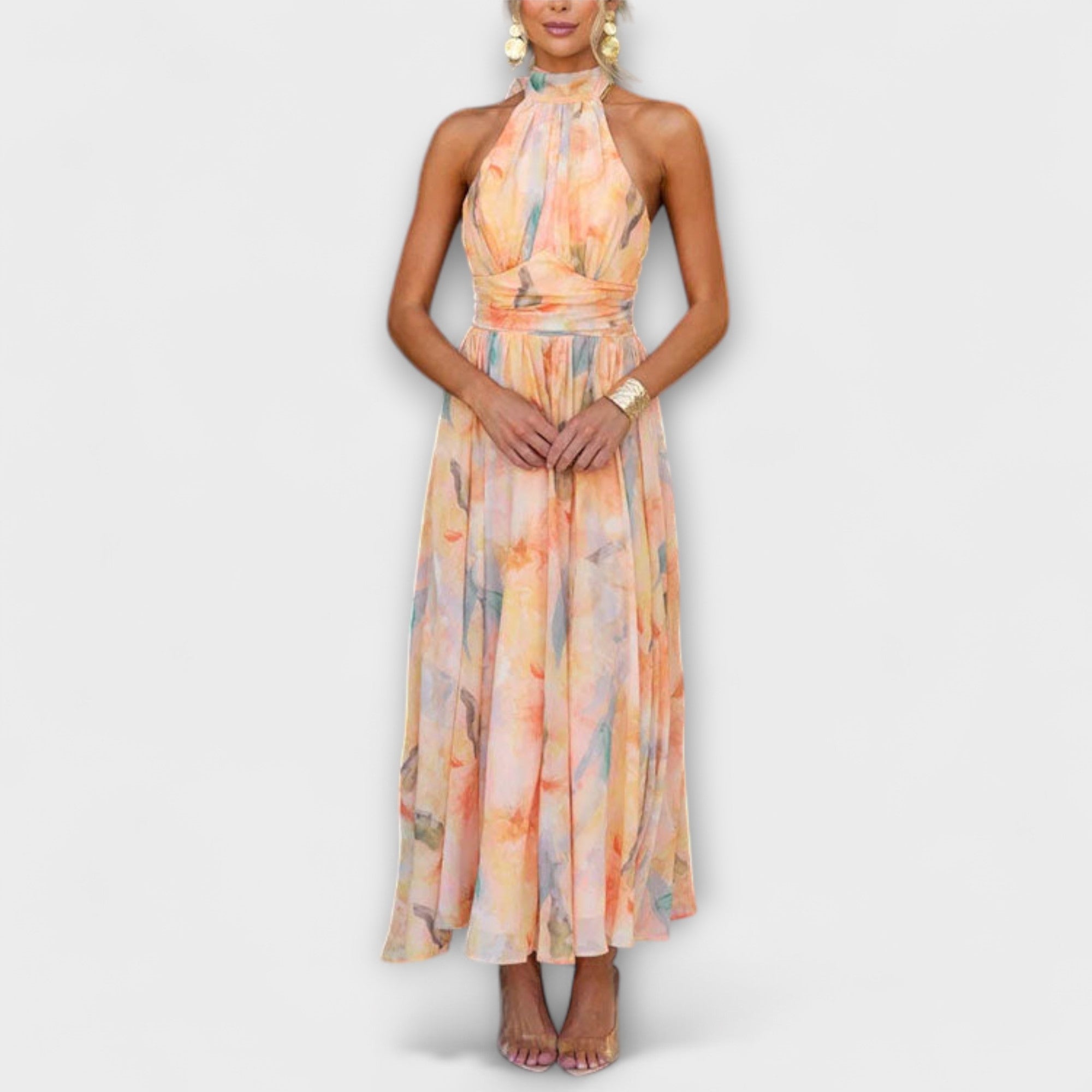 Rochie Maxi cu Decolteu Halter și Imprimare Aquarel