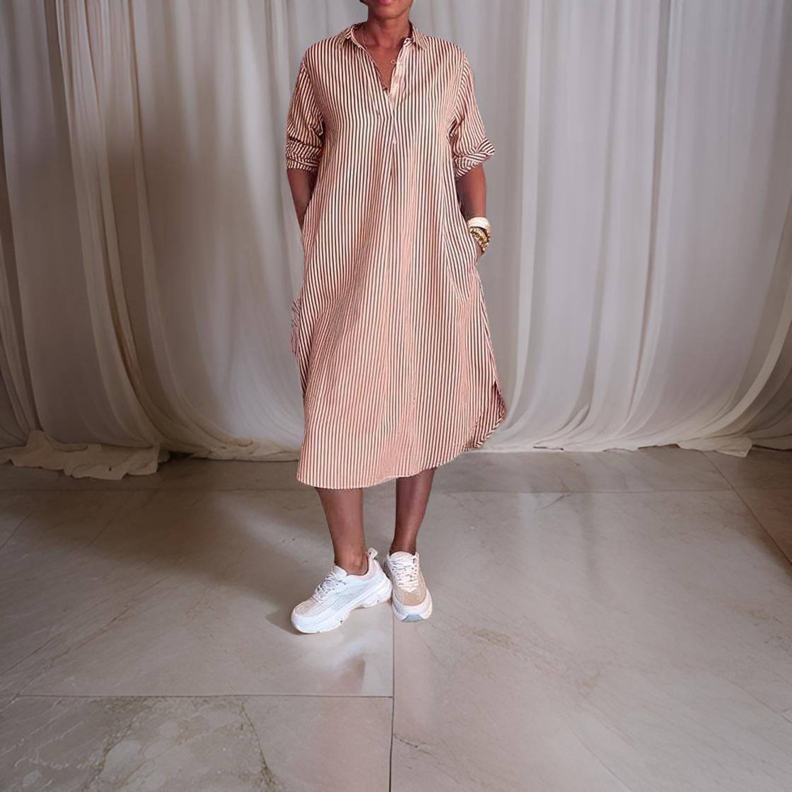 Alina™ | Rochie cămașă cu dungi și butoni