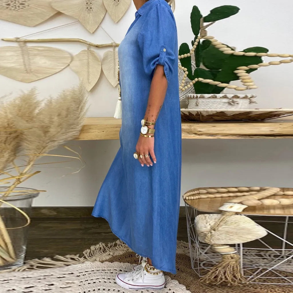 Lea | Rochie lungă din denim cu fante laterale