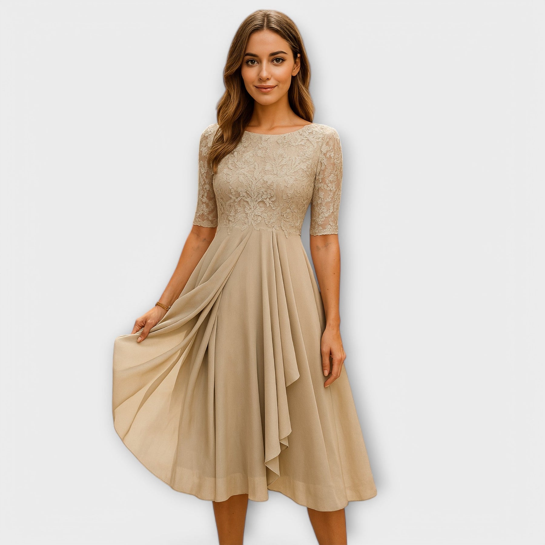 Martha | Rochie Midi cu Mâneci din Dantelă