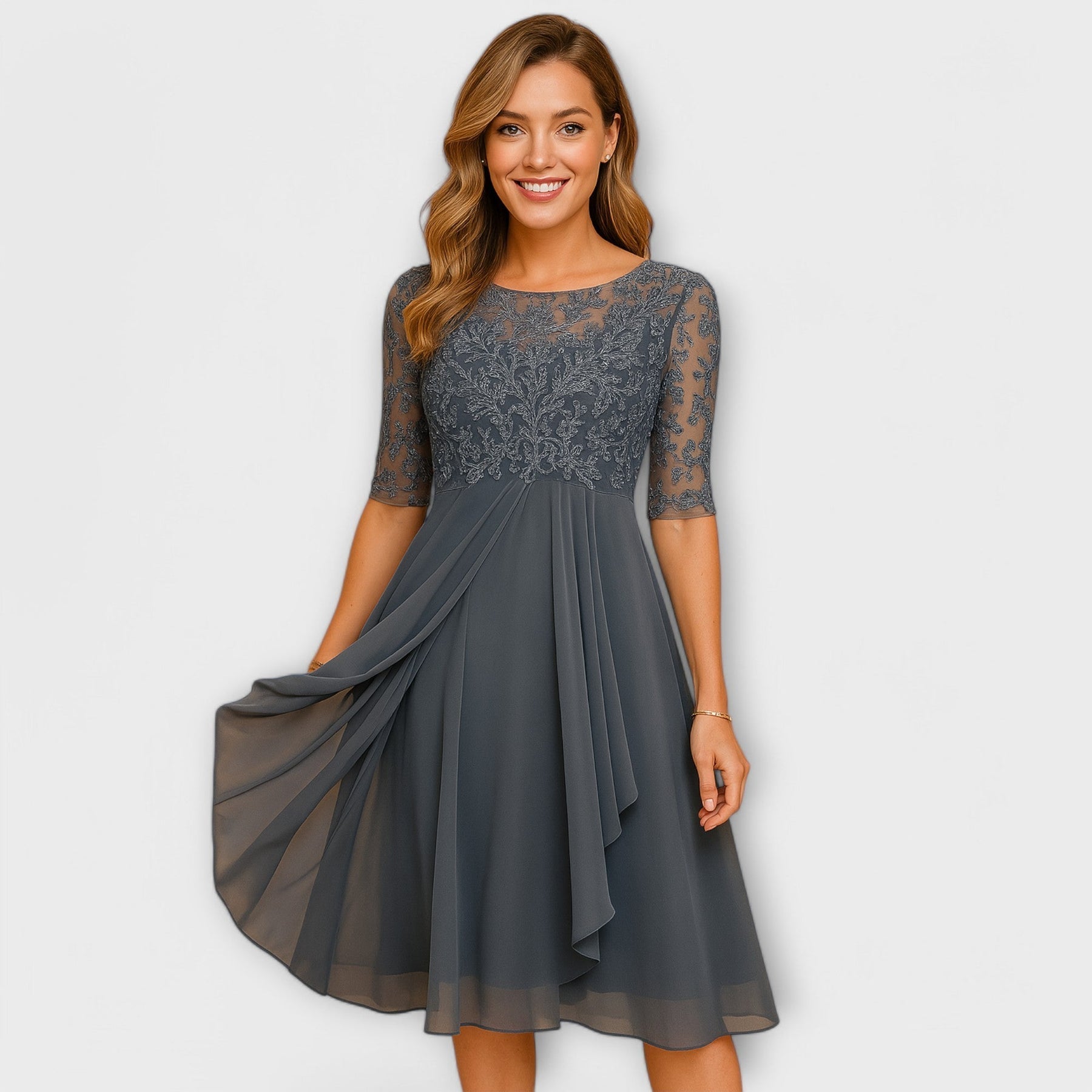 Martha | Rochie Midi cu Mâneci din Dantelă
