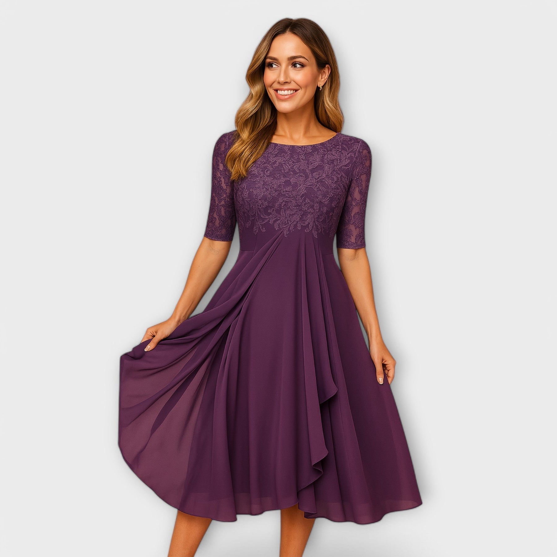 Martha | Rochie Midi cu Mâneci din Dantelă