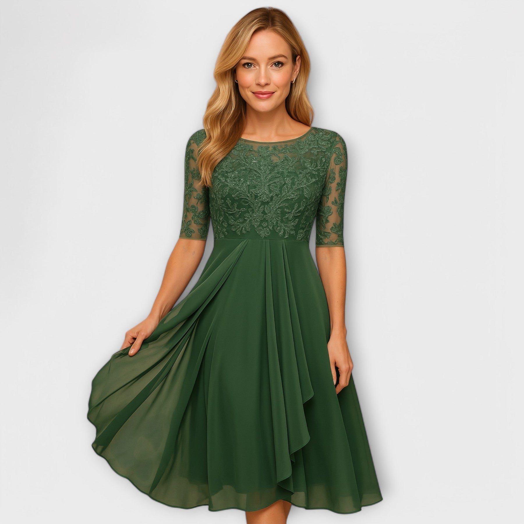 Martha | Rochie Midi cu Mâneci din Dantelă
