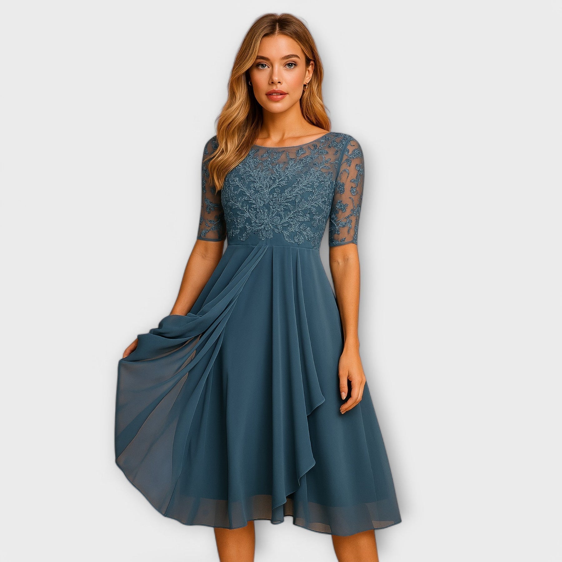 Martha | Rochie Midi cu Mâneci din Dantelă
