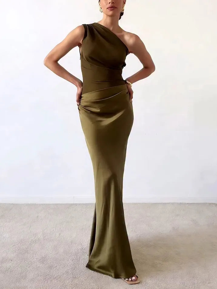 Anita – Rochie de Damă Maxi Elegantă cu Umăr Unic Plisată