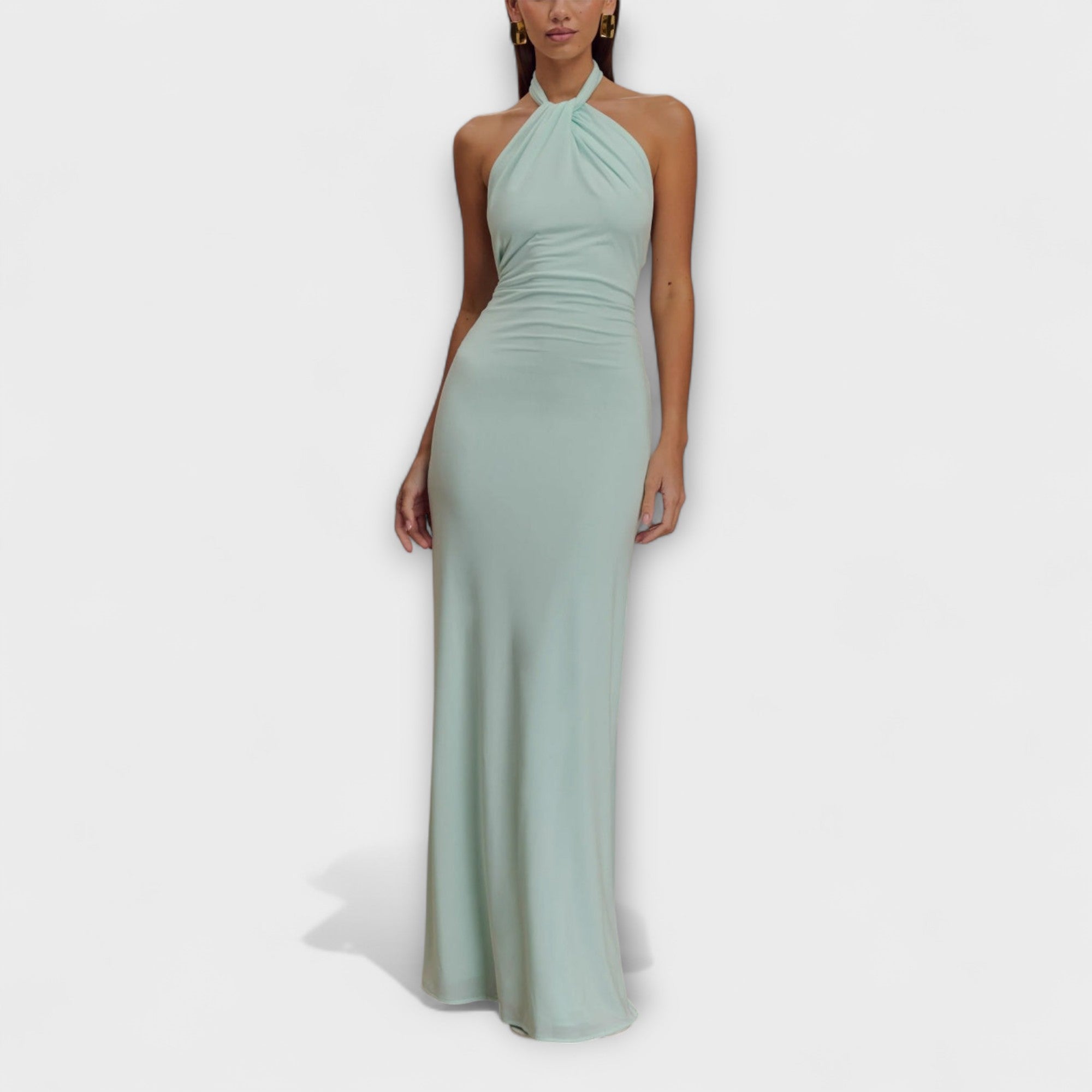 ELYNA – Rochie Maxi Damă cu Guler Halter și Plisaj