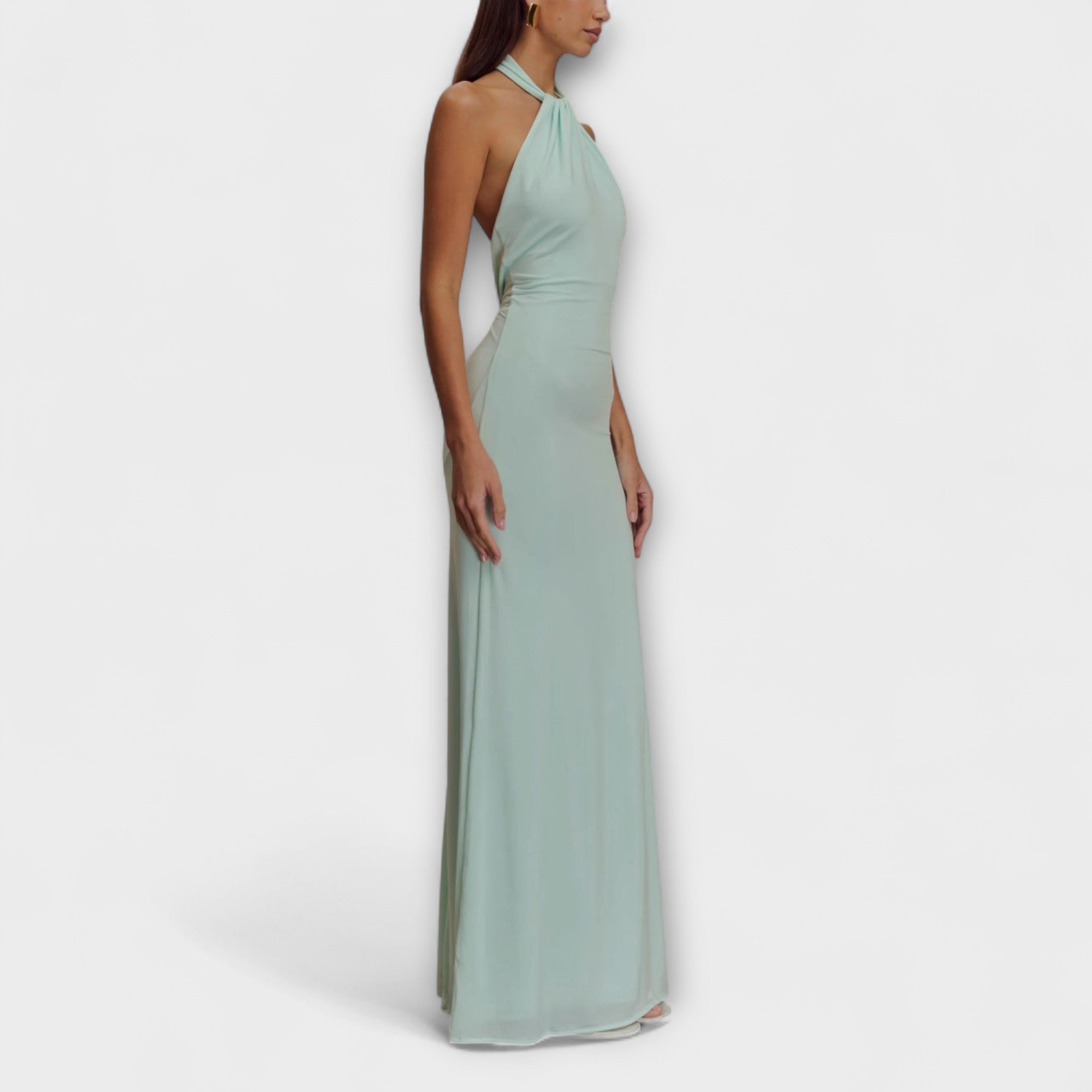 ELYNA – Rochie Maxi Damă cu Guler Halter și Plisaj